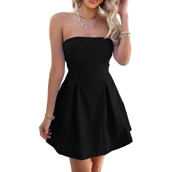 XXXITICAT Women's Summer Sexy Tube Top Backless Bowknot Tie Back Mini Dress Ruffle A-Line Cute Short Party Dress(BL,XL)