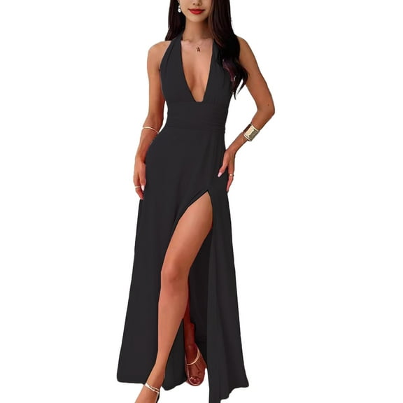 XXXITICAT Women's Summer Sleeveless Maxi Dress Halter Deep V Neck High Split Backless Holiday Dress(BL,L)