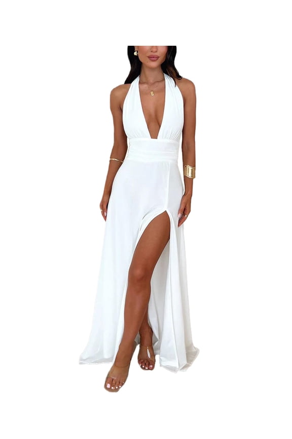 Women's Summer Sleeveless Maxi Dress Halter Deep V Neck High Split Backless Holiday Dress(WH,L)