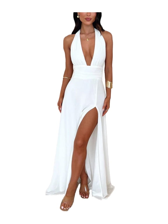 Women's Summer Sleeveless Maxi Dress Halter Deep V Neck High Split Backless Holiday Dress(WH,S)