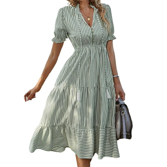 XXXITICAT Women's Summer Striped Midi Dress Short Sleeve V Neck High Waist Swing Dress(GR,L)