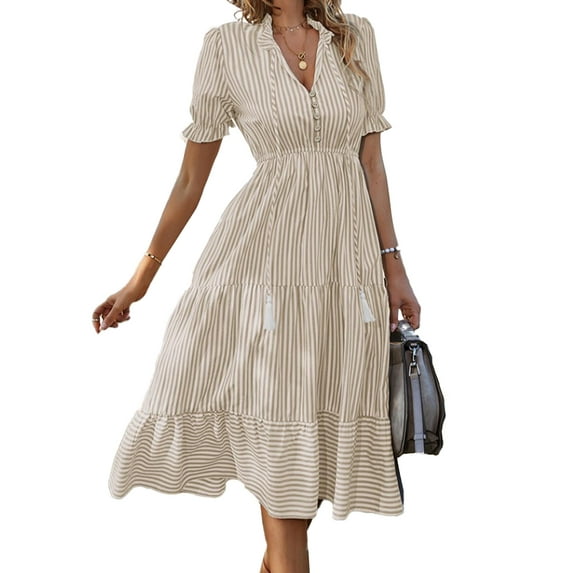 XXXITICAT Women's Summer Striped Midi Dress Short Sleeve V Neck High Waist Swing Dress(KH,XL)