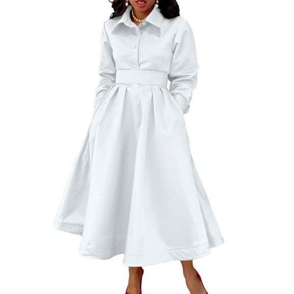 XXXITICAT Women's Turn Down Collar Button Down Shiny Swing Long Party Dress(WH,2XL)