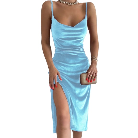 XXXITICAT Women's Velvet Cami Dress Spaghetti Straps Cowl Neck High Coccktail Party Midi Dresses(LB,L)