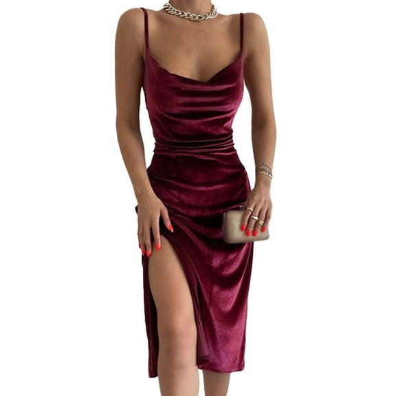 XXXITICAT Women's Velvet Cami Dress Spaghetti Straps Cowl Neck High Coccktail Party Midi Dresses(WR,S)