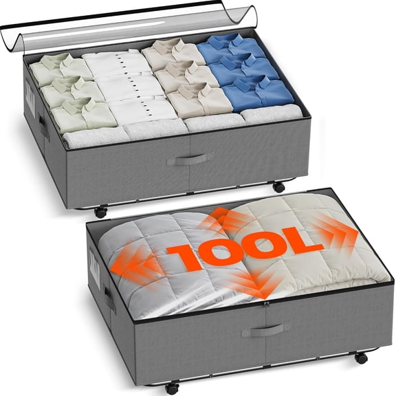 XXXL 100L Under Bed Storage with Wheels,Rolling Storage Containers with Support & Clear Lid, Heavy-Duty Metal Frame, Easy Pull-out, Underbed Storage Bins for Clothes, Shoes, Blankets, and Toys 2 pack