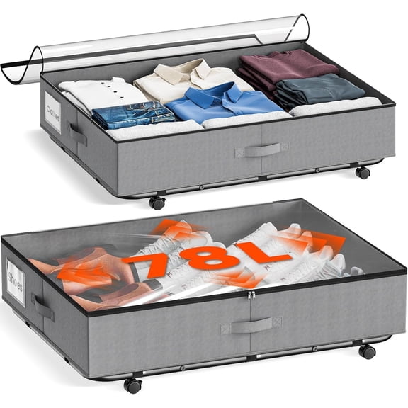 XXXL 78L Under Bed Storage with Wheels, Rolling Storage Containers with Clear Lid & Label, Heavy-Duty Metal Frame, Easy Pull-out, Underbed Storage Bins for Clothes, Shoes, Blankets, and Toys(2PACK)
