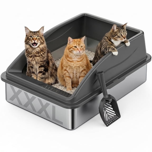 XXXL Cat Litter Box Jumbo for Big Cat Multiple, Extra Large Stainless Steel Litter Box with High Sides, Metal Litter Box with Scoop, Easy to Clean, Dark Gray