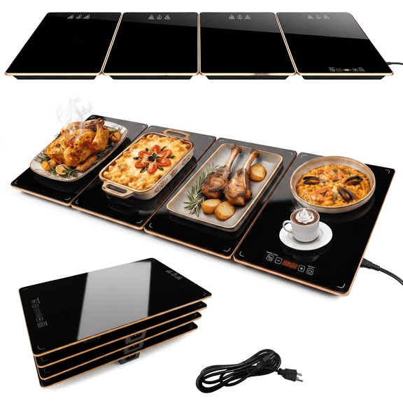 XXXL Electric Warming Tray, 43" x 16" 4-in-1 Expandable Modular Food Warming Mat, 8 Temp Settings & Timer, Gold Trim Food Warmer for Parties, Buffets, Catering & Holiday Gatherings