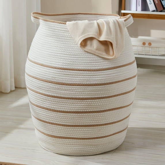 XXXL Extra Large Woven Cotton Rope Tall 25" Height Laundry Hamper Basket with Handles, Storage Basket for Toys, Blanket, and Towels - 20 x 25, Stripe Brown