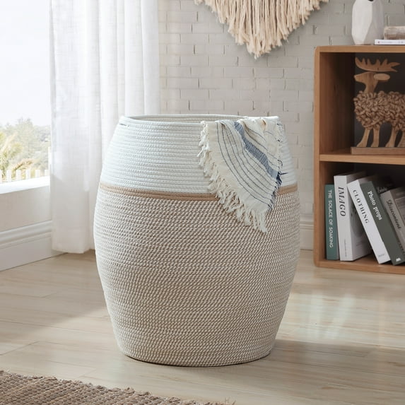 XXXL Extra Large Woven Cotton Rope Tall 25" Height Laundry Hamper Basket with Handles, Storage Basket for Toys, Blanket, and Towels - 20 x 25, White/Brown