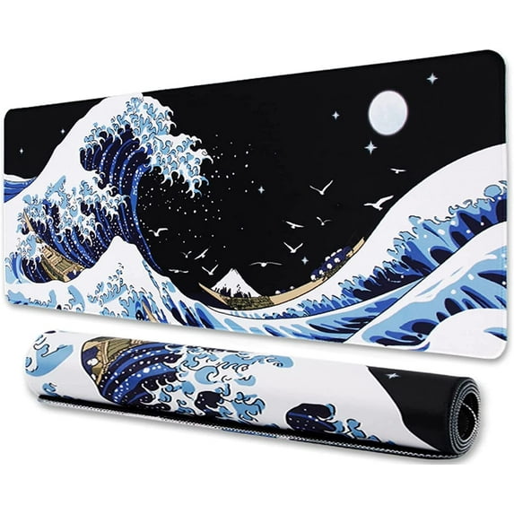 XXXL Large Gaming Laptop Mouse Pad, Sea Wave Big Desk Pads PC Keyboard Waterproof and Non-Slip 34.65 x 15.75inches 3mm Thick Rubber Table Mat, Kanagawa Surfing and Black