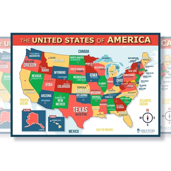 XXXL Learning USA Map for Kids educational Plastic poster for classroom kids teaching tool Young N Refined (42x60)
