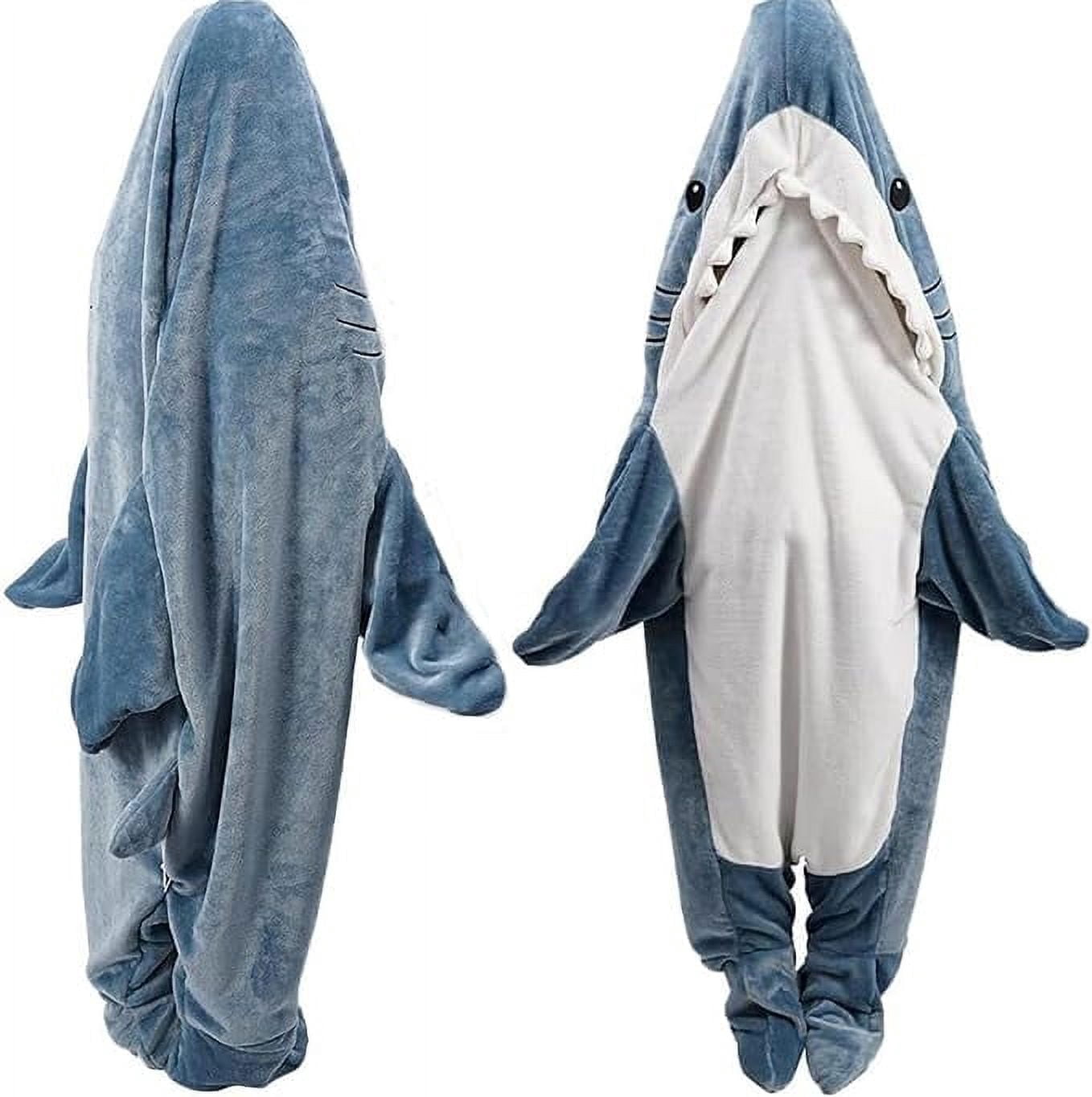 XXXL Size Flannel Shark Blanket Hoodie, Soft Cozy Warm Wearable Shark Blanket, Funny Shark Onesie Sleeping Bag Blanket，Wearable shark blanket hoodie cartoon animal one-piece blanket(Blue）