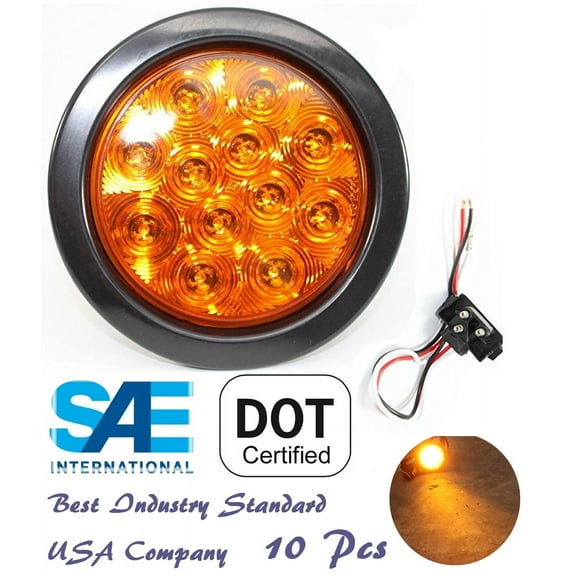 XXXXX 10 Pieces Sparkling LED 4" Amber Yellow Round TURN TAIL SIGNAL PARKING Light w Grommet Pigtail Kit for Truck Trailer DOT SAE Approved