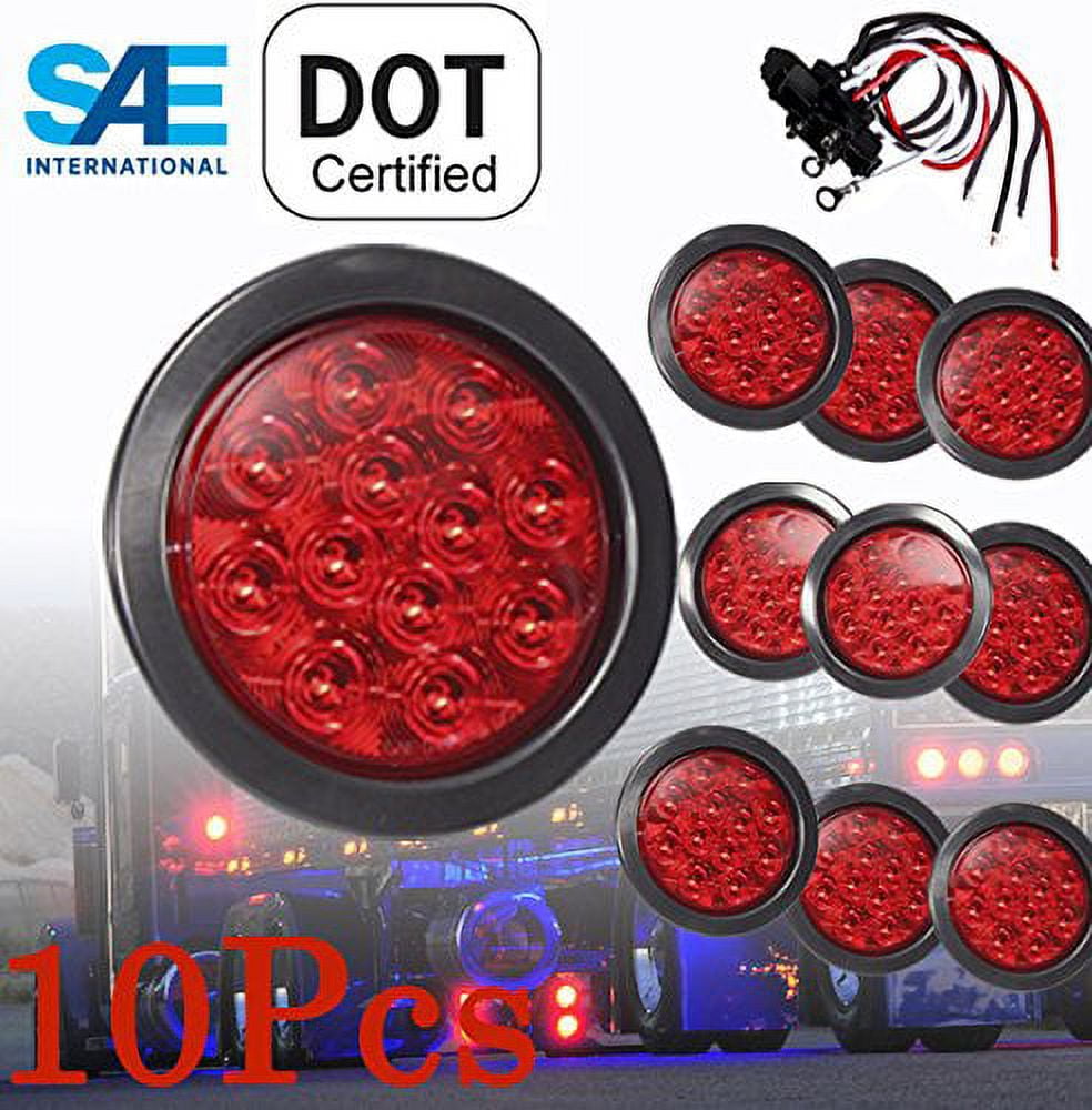 XXXXX 10 Solid Round 4 Red LED Light Brake Stop Turn Tail Signal w Grommet  Pigtail Kit for Truck Trailer Jeep Tractor RV DOT SAE Approved - Walmart.com