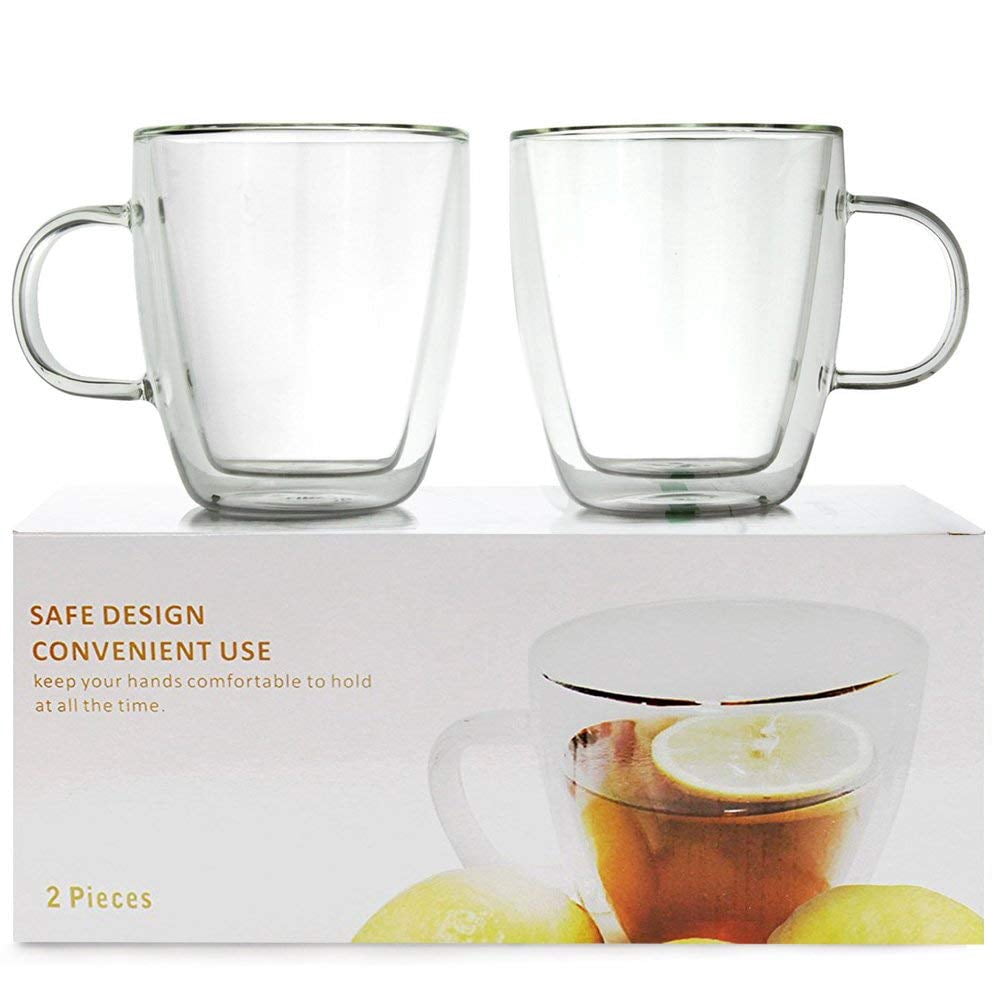 XXXXX Set of 2 Double Wall Clear Insulated Glasses Mugs Cups (Borosilicate Glass) High Temperature Safe Hot/Cold