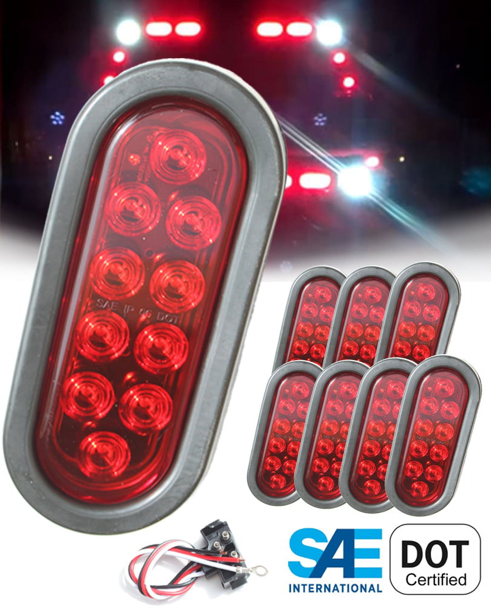 XXXXX Set of 8 Pcs LED 6 Oval Red Brake Stop Turn Tail Marker Signal  Lights for Truck Trailer Tractor w Grommet Pigtail Kit DOT SAE Approved -  Walmart.com