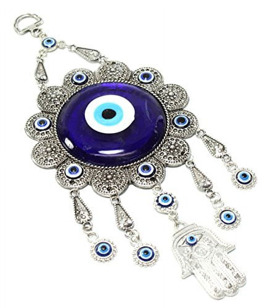 Smiling JuJu Turkish Evil Eye Nazar Flower Hamsa Hand Amulet Wall Hanging Home Décor, Blue