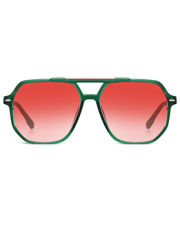 Aviator Sunglasses for Women Men Square Frame UV400 Protection 90s Vintage Style Sun Glasses(Green/Gradient Red)