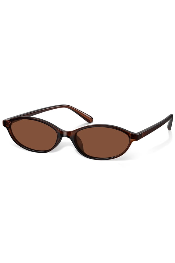 Trendy Oval Cat Eye Sunglasses for Women Men Retro 90s Narrow Frame Sun Glasses UV400 Protection Shades(Brown/Coffee)