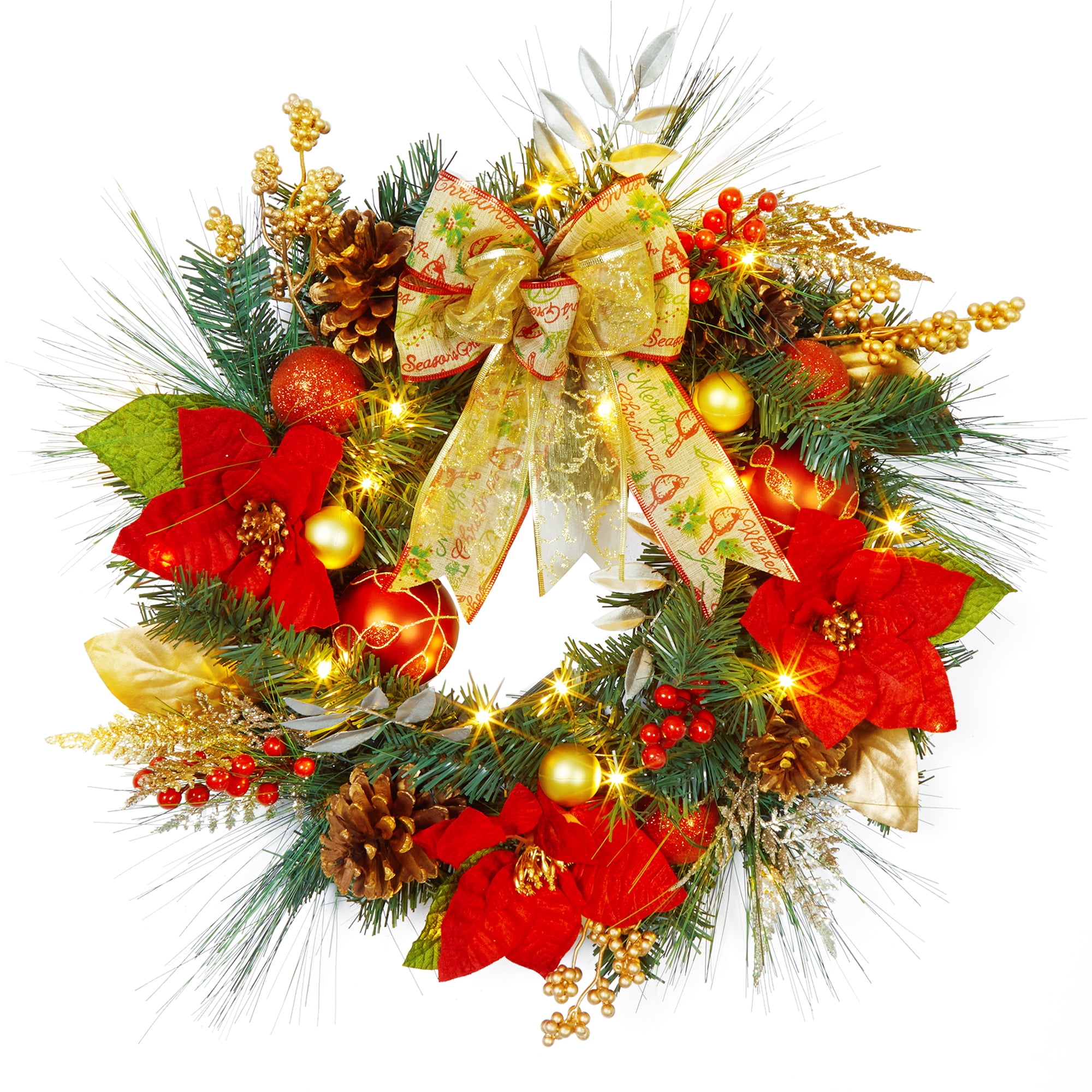 XY Fancy Pre-Lit Christmas Wreath for Front Door, 24in Christmas