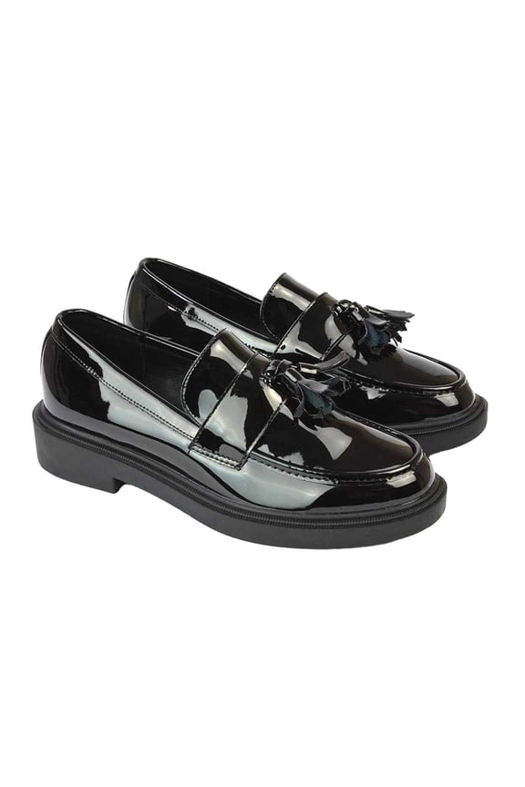 Womens Alida Patent Chunky Tassel Flat Loafers