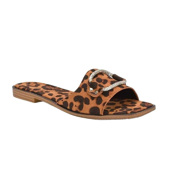 XY London Womens Annie Leopard Print Diamante Flat Sliders
