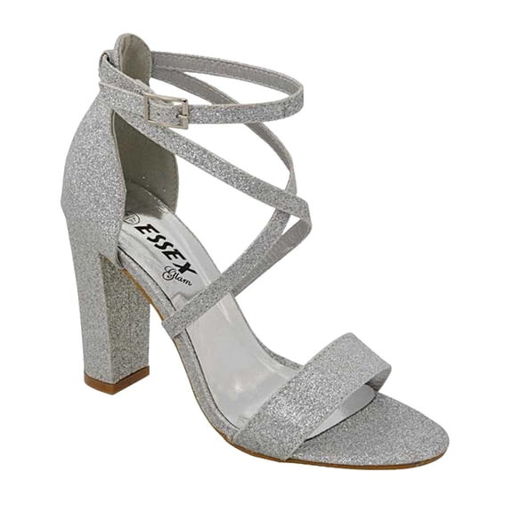 XY London Womens Briella Glitter Strappy High Block Heel Sandals