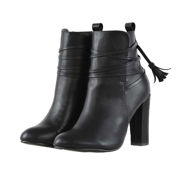 XY London Womens Jamie Tassel Tie Up High Block Heel Ankle Boots