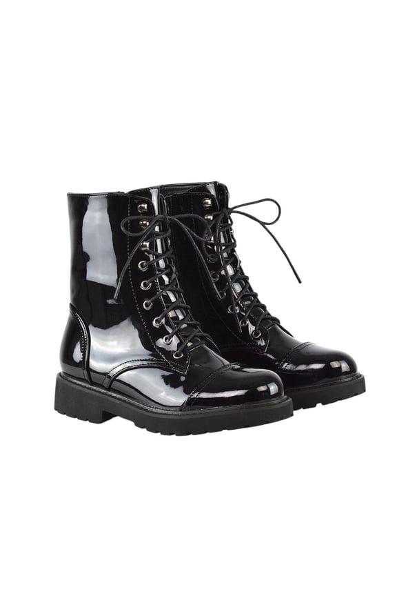 Womens Patent Lace Up Military Combat Boots