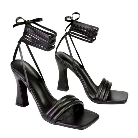 XY London Womens Zeta Square Toe Lace Up Mid Block Heel Sandals