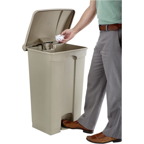 XY Products Plastic Step-On Trash Can 9923TN, Tan, Hands-Free Disposal, 23-Gallon Capacity
