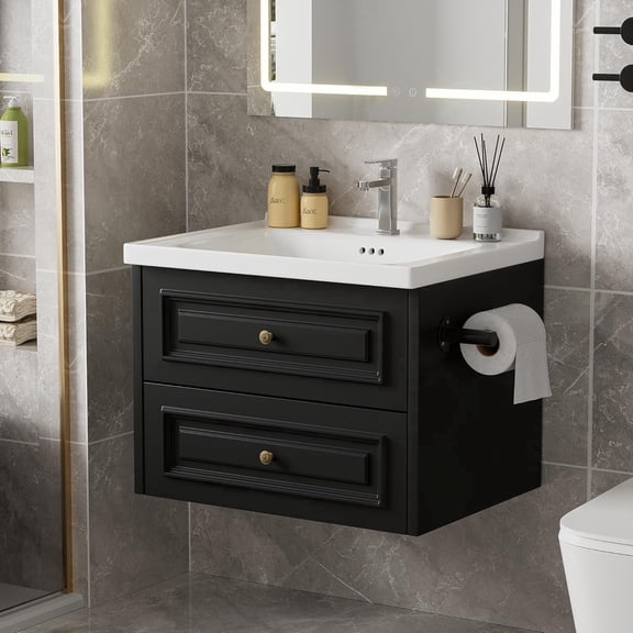 XYADX 24" Black Bathroom Vanity, Floating Vanity with Sink, Marble Top & 2 Drawers for Small Bathrooms