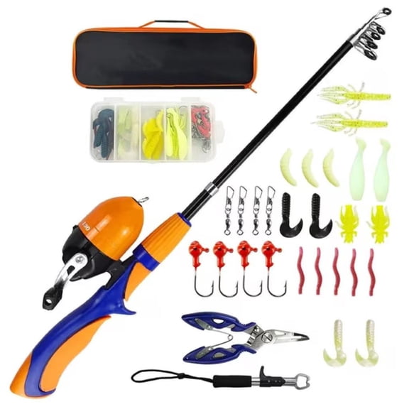 XYADX Kids Fishing Pole Set Portable Telescopic Kids Fishing Rod and Reel Combo Kit with Tackle Box for Beginners, Orange