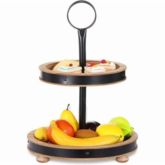 XYADX Modern Farmhouse Wooden Decorative 2 Tiered Round Trays Serving Tray Stand with Metal Handle in Fire Color
