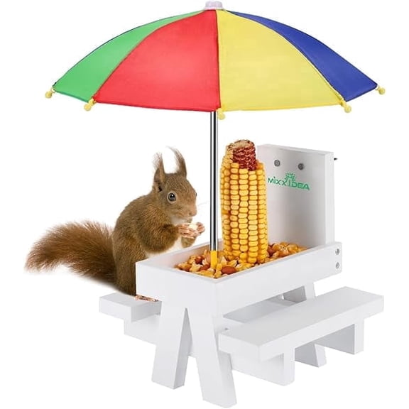 XYADX Squirrel Picnic Table Feeder with Umbrella, Wooden Corn Cob Holder for Outdoor Garden