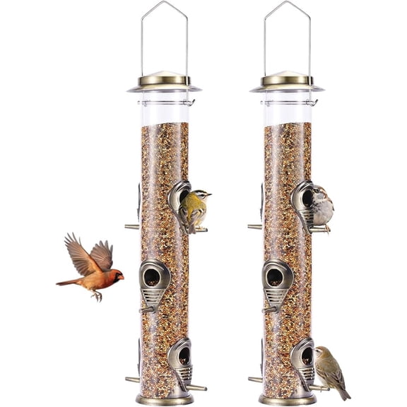 XYADX 2 Pack Metal Tube Bird Feeder, Copper Hanging Wild Bird Feeder with 6 Ports for Backyard & Garden