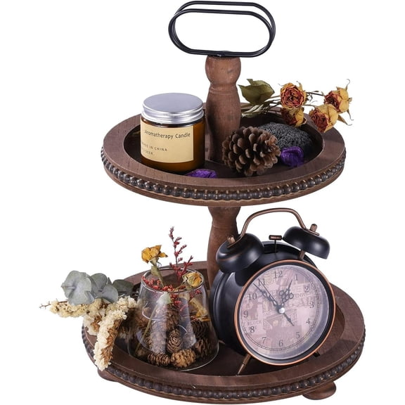 XYADX Farmhouse 2-Tier Wooden Tray, Round Dessert & Cupcake Stand with Metal Handle for Parties & Home Decor, Brown