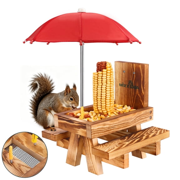 XYADX Wooden Picnic Table Feeder with Red Umbrella, Brown Squirrel & Chipmunk Feeder with Corn Cob Holder for Outdoor Garden