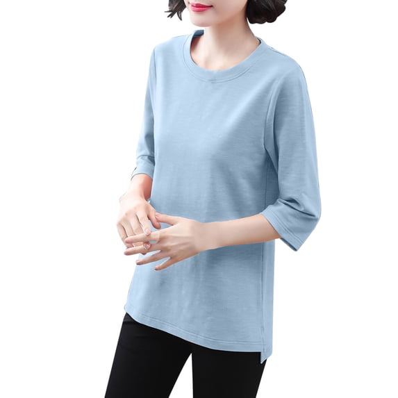 XYAIXT 3/4 Length Sleeve Womens Tops Summer Solid Color Round Neck T-shirt Casual Loose Ladies Tunics Top