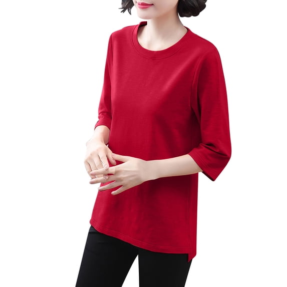 XYAIXT 3/4 Length Sleeve Womens Tops Summer Solid Color Round Neck T-shirt Casual Loose Ladies Tunics Top