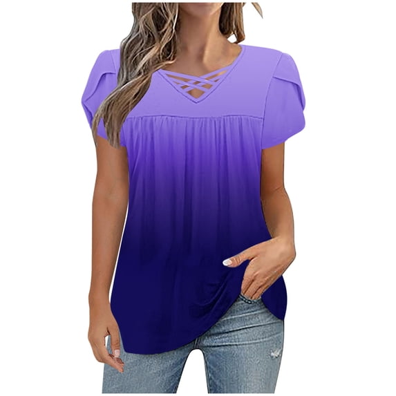 XYAIXT Women Summer Tops Gradient Color Pleated Fashion Casual Blouses Petal Sleeve T-shirt V Neck Crisscross Strap Tee