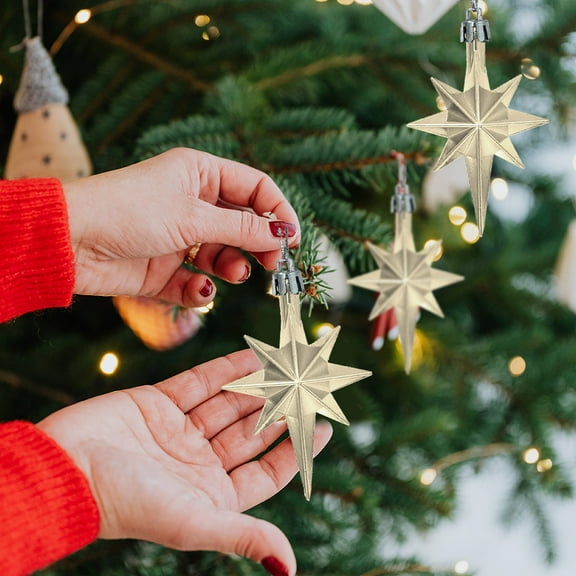 XYAIYT 12 Pack Hanging Eight Pointed Star Pendant Christmas Ornaments Christmas Decorations Plated Plastic Shiny Non Deforming for Tree Door Window Vacation Home Festive Warmth and Cheer 3.1in Beige