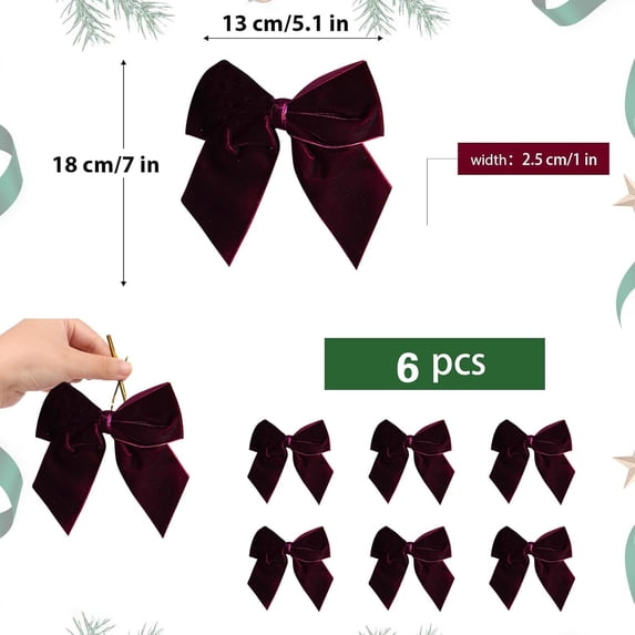 XYAIYT 6 Pack Christmas Decorations Velvet Bows for Tree Garland Wreath Soft Velvet Ribbon Bows with Tie Back Easy Attach Diy Gift Wrap Ornaments Set for Tree 7in Red