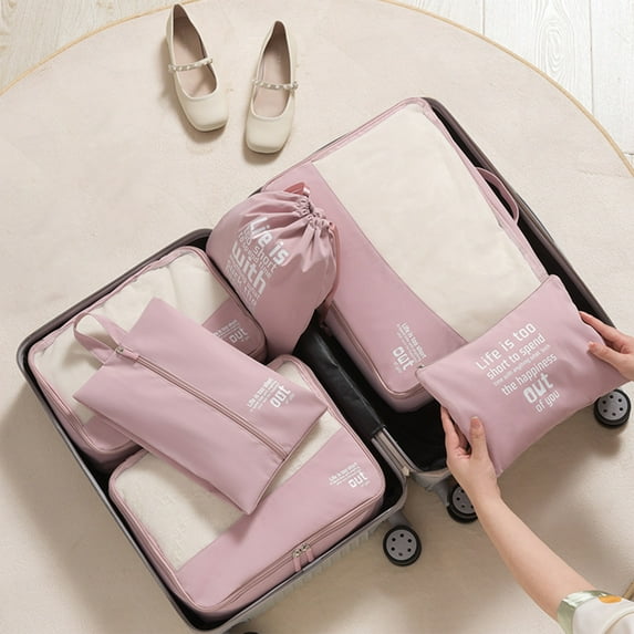 XYAIYT 6 Pack Packing Bags Packing Cubes Luggage Organizers with Shoe Bag Electronics Pouch Toiletry Cosmetic Accessories Breathable Mesh Foldable Lightweight Business Travel 16.5"x4.7.6"x12" Pink