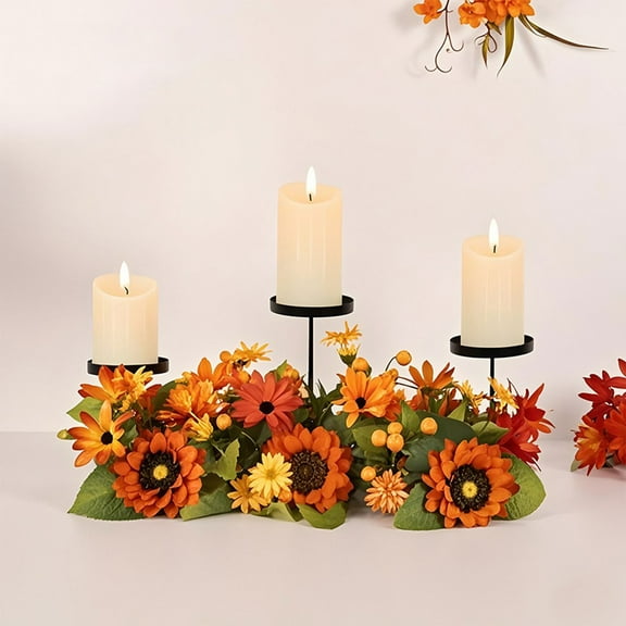 XYAIYT Artificial Flowers Table Centerpiece Candle Wreath Sunflower Iron Candlestick for Holiday Fall Thanksgiving Tablescape Artificial Plants Indoor Rustic Centerpiece 17.7x7.9x7.1in Multicolor