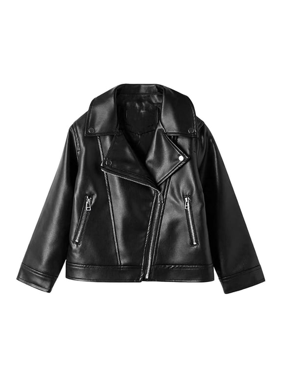 Boys Leather Jacket with Pocket Zipper Up Lapel Fashion Biker Style Windproof Coat Outerwear