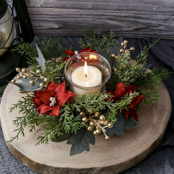 XYAIYT Candle Wreath Christmas Table Decorations Silk Cloth Artificial Leaves Candle Ring for Candlesticks Needle Style Suit for Holiday Centerpieces Mantel and Dining Table Home Decor 9.8in Green