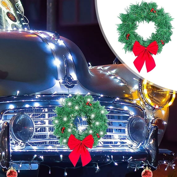 XYAIYT Car Wreath Outdoor Christmas Decorations Christmas Lights Led Bow Tie Accent Battery Operated Waterproof Grille Mount Tie Straps Car Truck Holiday Decor 13.8In Green
